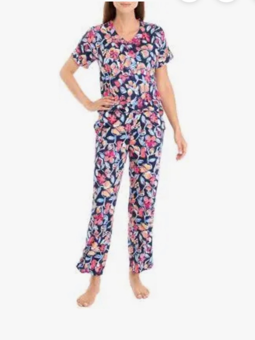 Wonderly Navy Floral Pajama Set with Pink & Green Accents
